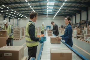 Kierownik wręcza rękawice pracownikowi ignorującemu zasady BHP przy taśmie