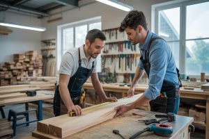 Szef i pracownik mierzą deskę w jasnym, nowoczesnym warsztacie stolarskim
