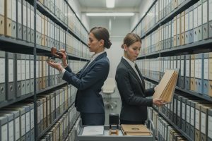 Prawnicy stemplują i układają akta, ilustrując koszty zastępstwa 2025