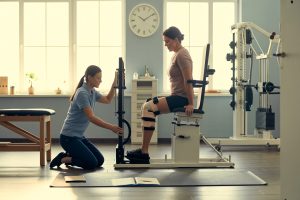 Fizjoterapeuta reguluje maszynę kolanową przy pacjencie, zegar pokazuje późne popołudnie