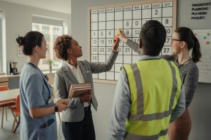 Pracownicy budżetówki zaznaczają datę trzynastki na dużym kalendarzu ściennym