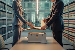 Dwóch specjalistów zabezpiecza dokumenty w metalowej walizce w bibliotece firmowej