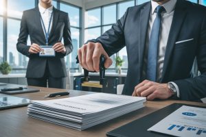 Kierownik HR stempluje niepodpisaną umowę o pracę przy biurku w słonecznym gabinecie