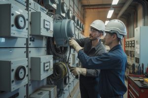 Inżynierowie kalibrują licznik mocy w nowoczesnej rozdzielni energetycznej 2025