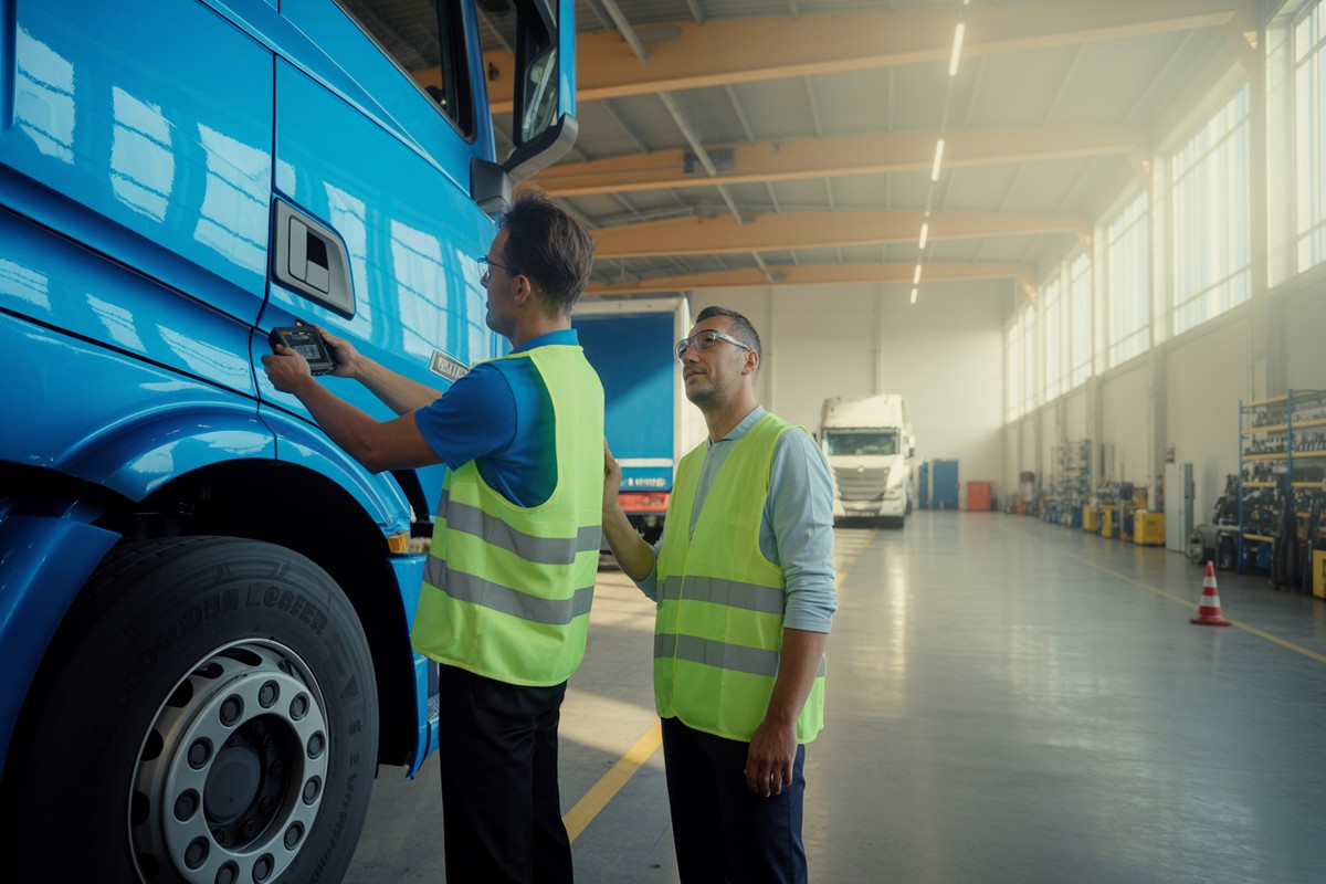 Dwóch kierowców sprawdza tachograf przy ciężarówce w oświetlonym hangarze o świcie