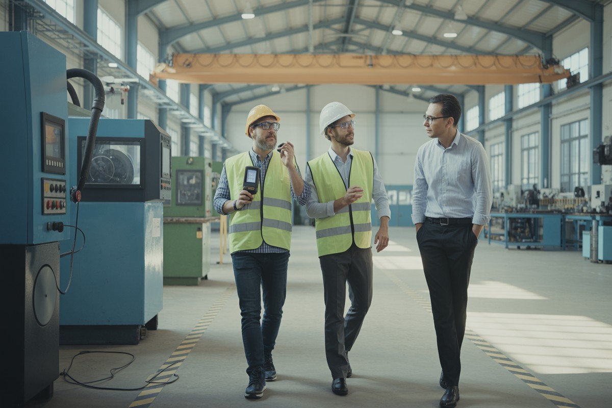 Inspektorzy PIP z pracodawcą sprawdzają głośność maszyn w hali produkcyjnej