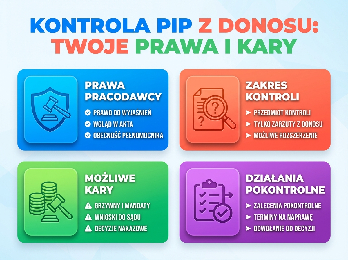 Infographie cheat sheet : Kontrola PIP z donosu: prawa pracodawcy i możliwe kary