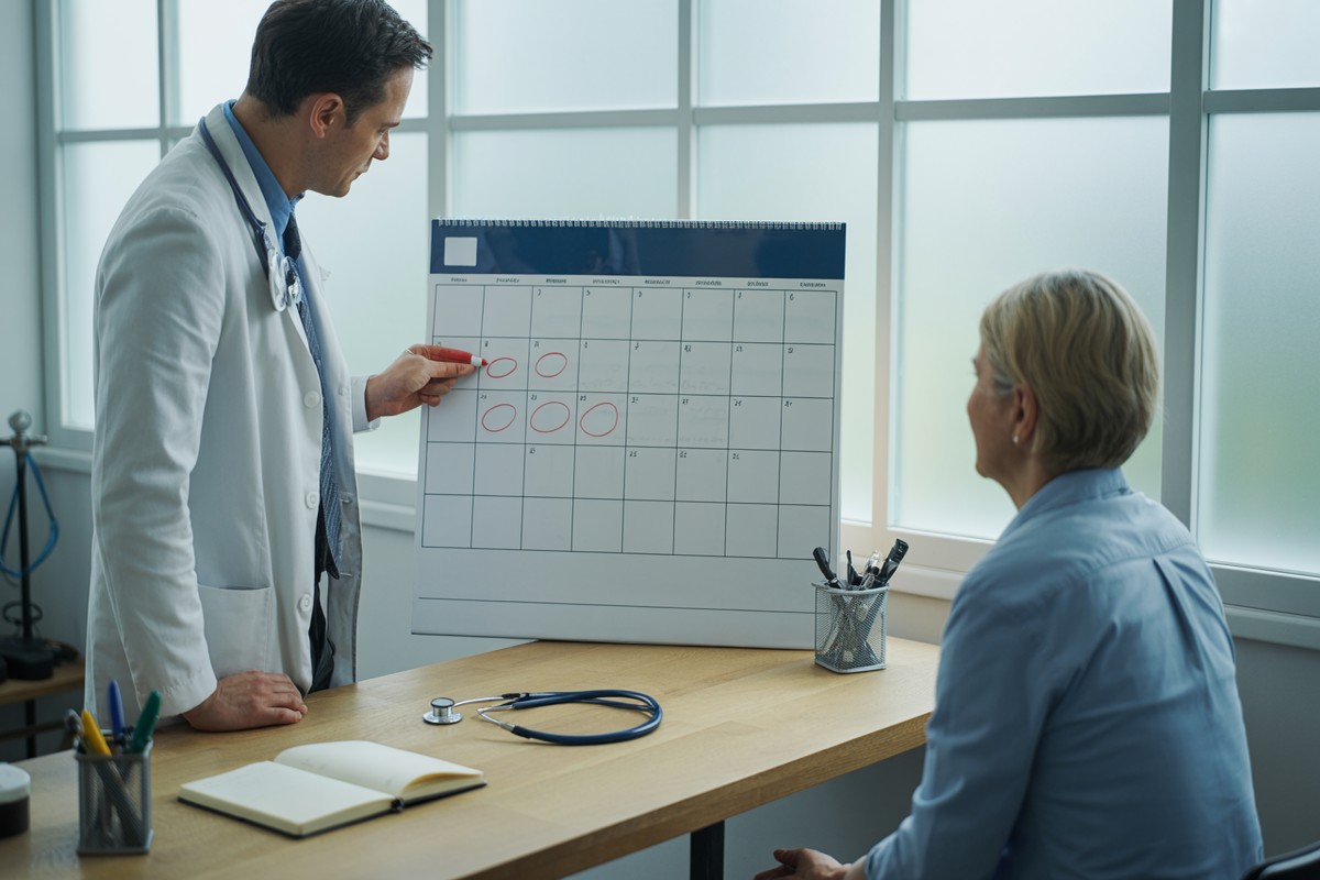 Lekarz zaznacza czerwonym markerem wcześniejsze daty na kalendarzu, omawiając zwolnienie L4 wstecz z pacjentem.