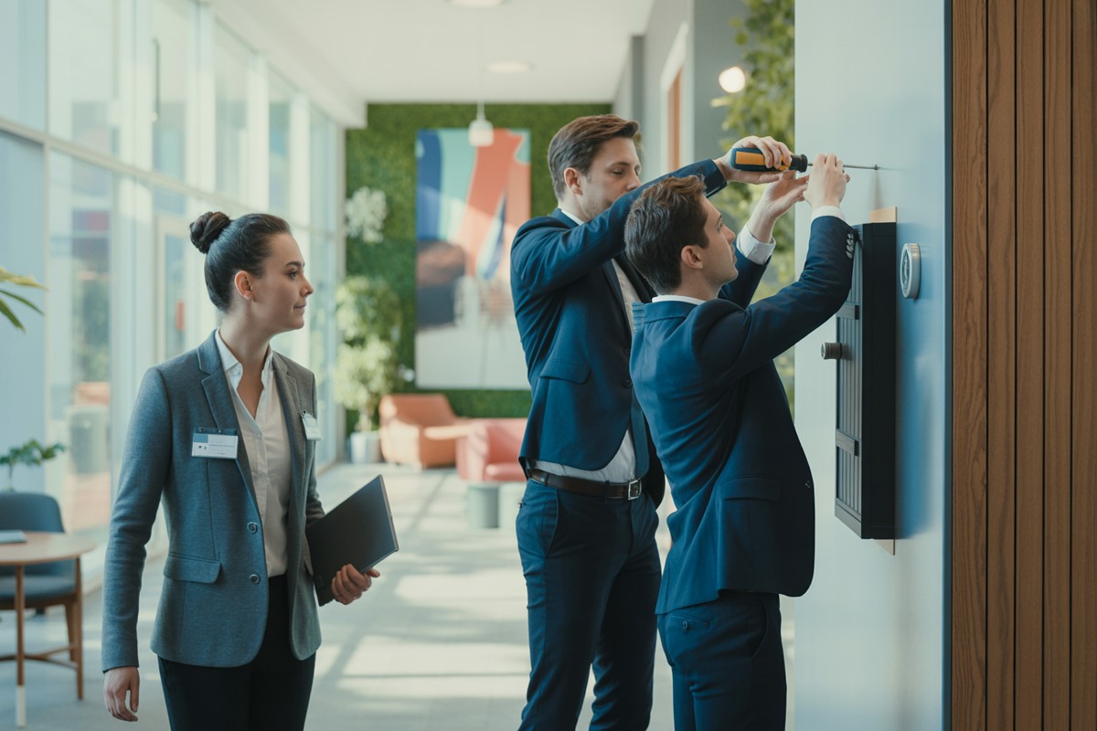 Pracownicy montują metalową skrzynkę sygnalistów na ścianie w nowoczesnym biurze