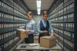 Dwóch specjalistów HR porządkuje teczki pracownicze, zaznaczając lata pracy na półkach