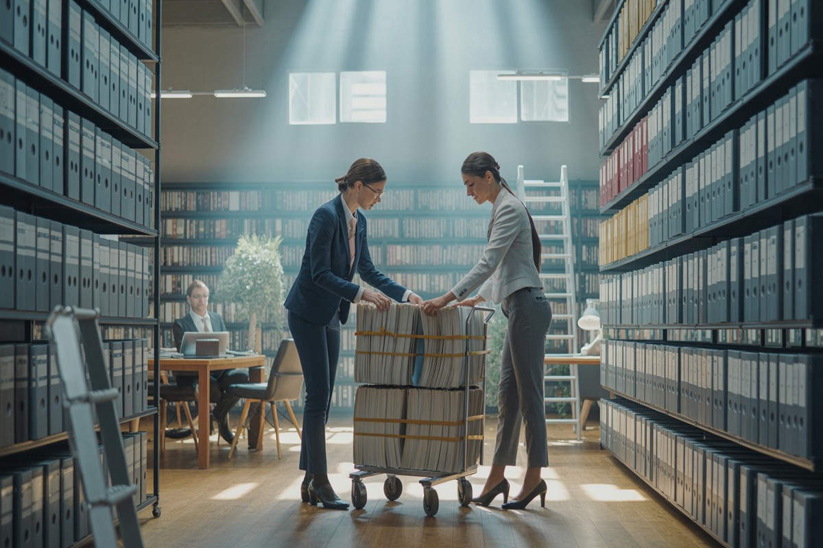 Dwoje prawników porządkuje akta w firmowym archiwum przy naturalnym świetle z okien