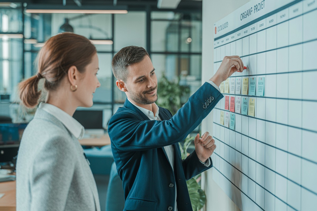 Pracownicy zaznaczają kolorowym magnesem dzień wolny na dużym kalendarzu w biurze