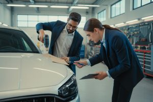 Pracownicy usuwają logo firmowe z auta w warsztacie przed sprzedażą