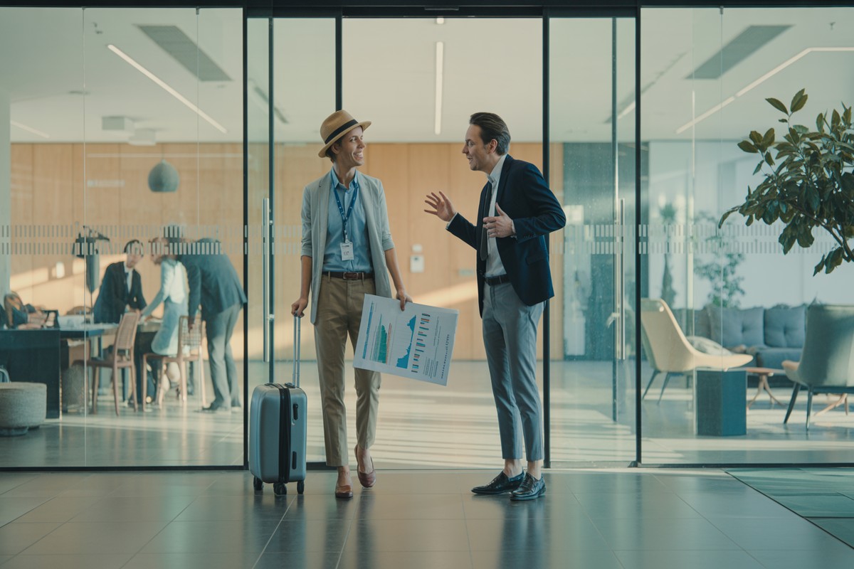 Pracownik z walizką negocjuje urlop z przełożonym w recepcji biurowej