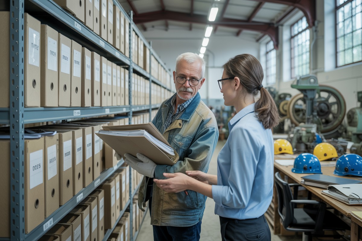 Były górnik i doradczyni przeglądają teczki archiwalne w przemysłowym archiwum
