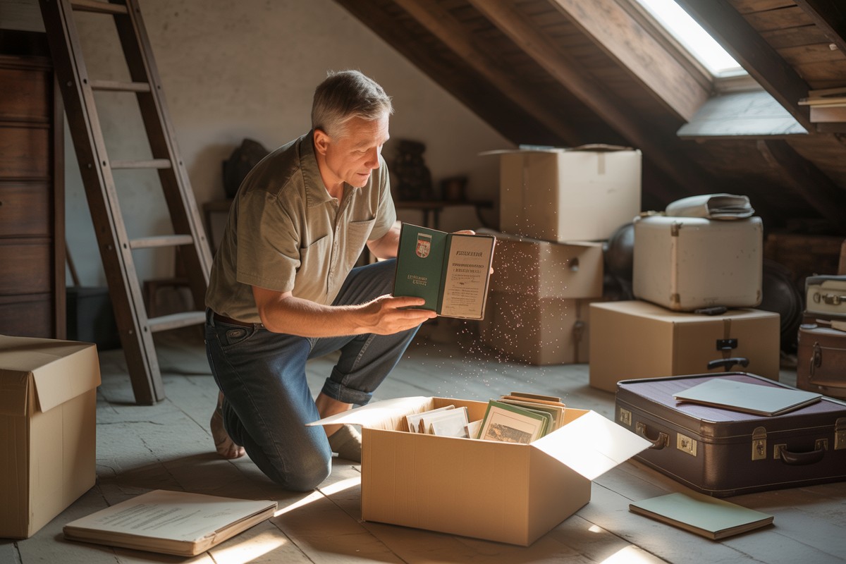 Mężczyzna na strychu trzyma zieloną książeczkę wojskową w promieniach słońca