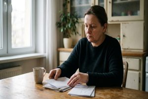 Zamyślona kobieta w średnim wieku siedzi przy stole, przeglądając dokumentację medyczną potrzebną do uzyskania orzeczenia.