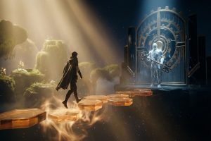 Alegoryczna postać idąca po świetlistym, niekompletnym moście w kierunku monumentalnej bramy strzeżonej przez kryształowego strażnika.