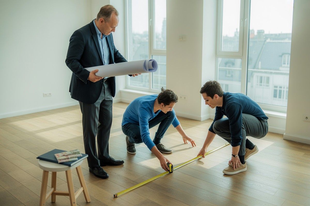 Właściciel z planem i para mierzą salon nowego mieszkania po zapłacie odstępnego