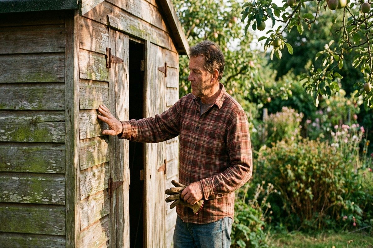 Właściciel posesji sprawdzający stan drewnianego budynku gospodarczego w ogrodzie w świetle zachodzącego słońca