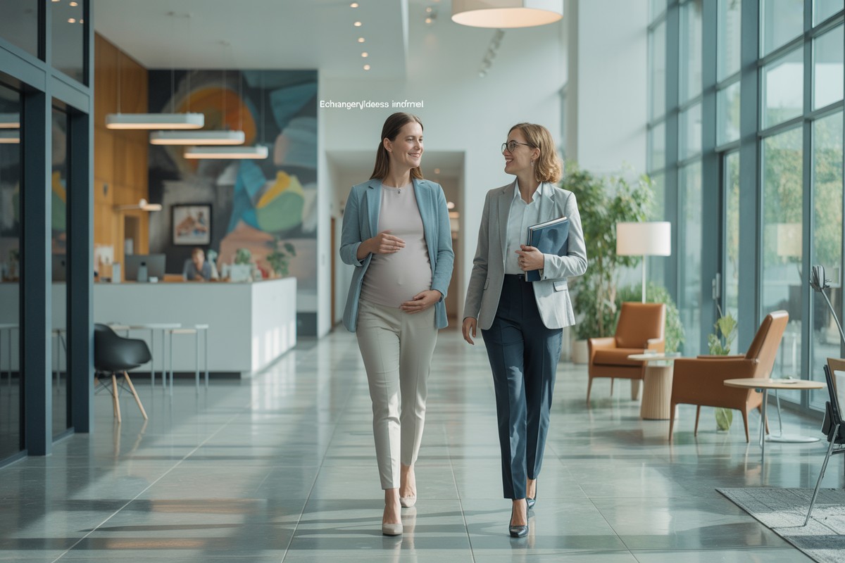Ciężarna specjalistka rozmawia z menedżerką HR w nowoczesnym lobby biura