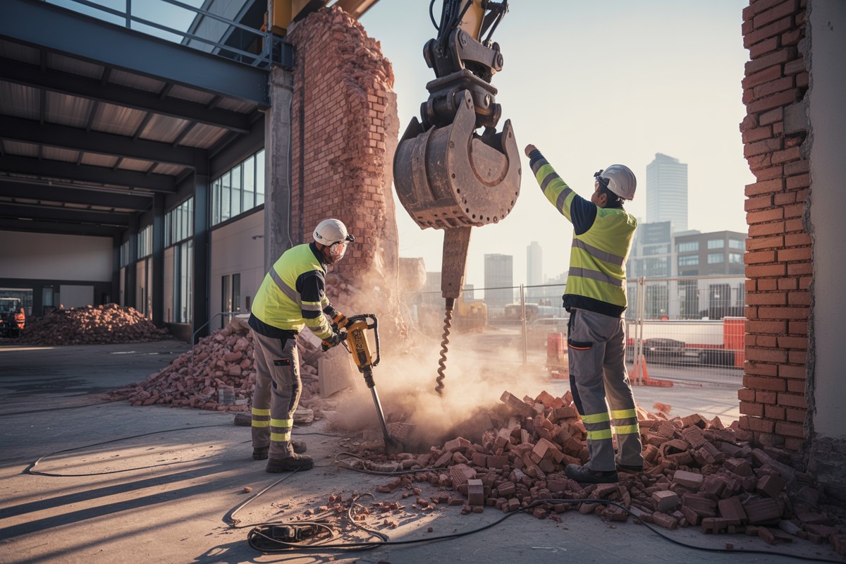 Dwaj robotnicy demolują ceglaną ścianę magazynu koparką i młotem pneumatycznym