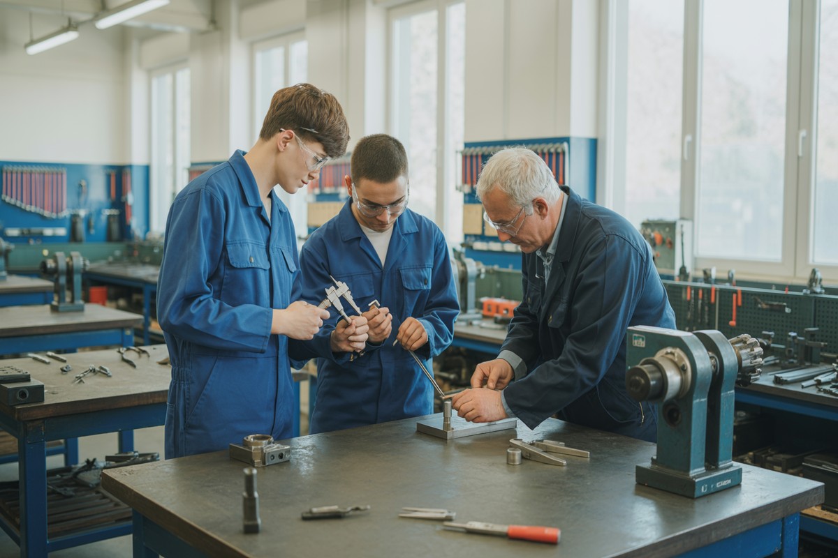 Uczniowie szkoły zawodowej mierzą metalowy element pod okiem instruktora w warsztacie