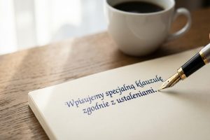 Zbliżenie na eleganckie pióro dopisujące odręcznie klauzulę o płatnej przerwie do umowy zlecenia.