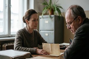 Pracownica w biurze spokojnie przedstawia menedżerowi wezwanie do sądu, rzeczowo wyjaśniając swoje prawa.