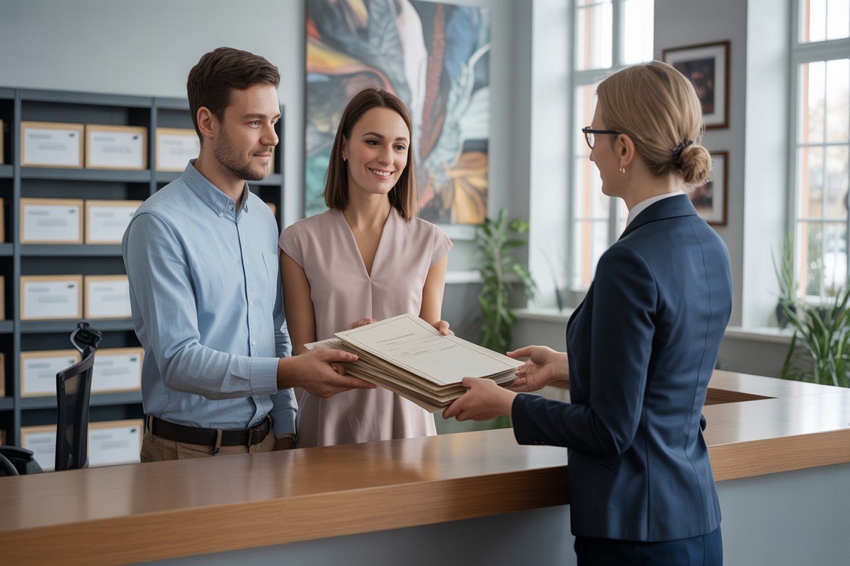 Para przekazuje wniosek o wykreślenie hipoteki urzędnikowi w holu sądu