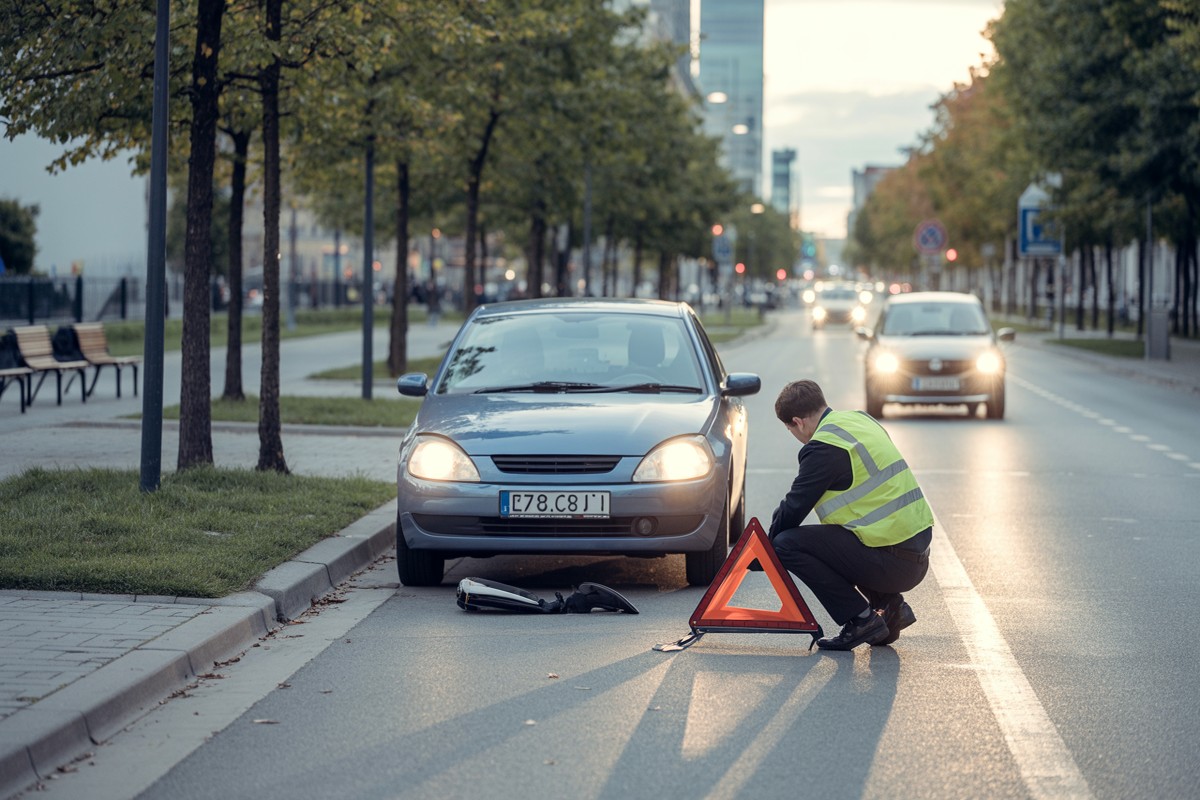 Kierowca w kamizelce odblaskowej ustawia trójkąt ostrzegawczy przy uszkodzonym samochodzie