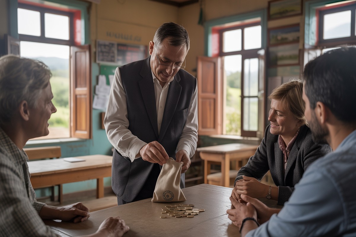 Sołtys liczy monety diety w wiejskiej sali spotkań z mieszkańcami