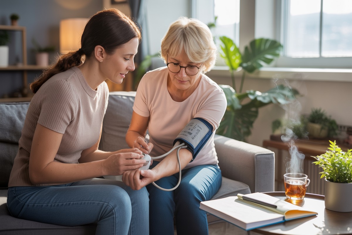 Córka mierzy ciśnienie chorej matce w jasnym domowym salonie