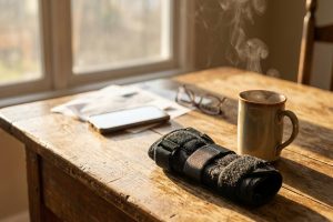 Orteza na nadgarstek leżąca na drewnianym stole obok kubka kawy w domowym świetle.