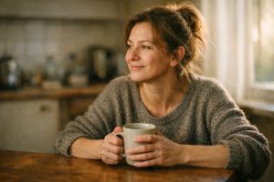Zrelaksowana kobieta w średnim wieku cieszy się poranną kawą w domu, symbolizując płatny dzień wolny od pracy.