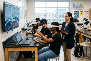 Nauczyciel prowadzi lekcję chemii z goglami VR dla zróżnicowanej grupy uczniów w jasnej klasie