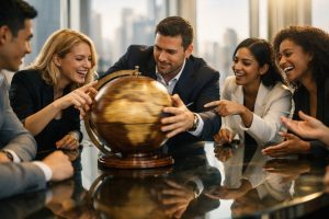 Zespół ekspertów obraca globus wskazując kraj na O w luksusowej sali konferencyjnej