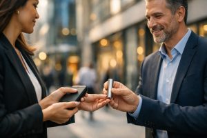 Dynamiczna testerka Streetcom wykonuje szybki gest biometryczny i prezentuje produkt w eleganckiej ulicy