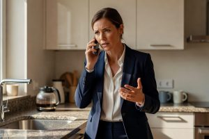 Pracownica w kuchni dzwoni do szefa zgłaszając płatny urlop na żądanie przed rozpoczęciem pracy