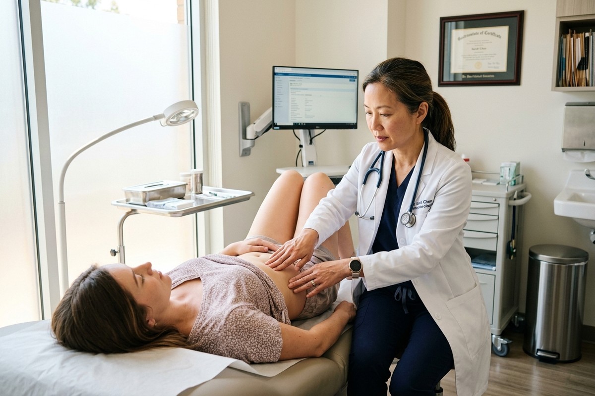 Gastroenterolog bada brzuch pacjentki w jasnym, nowoczesnym gabinecie medycznym podczas wizyty.