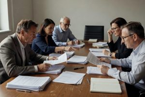 Eksperci analizujący kryteria oceny ofert przetargowych przy stole konferencyjnym