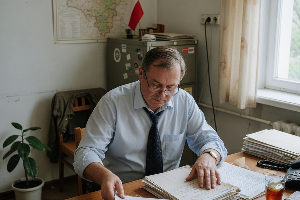 Wójt przeglądający dokumenty przy biurku w świetle dziennym