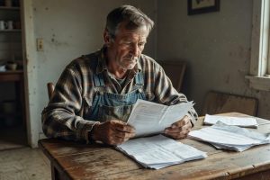 Rolnik sprawdzający dokumenty składki KRUS przy stole w gospodarstwie
